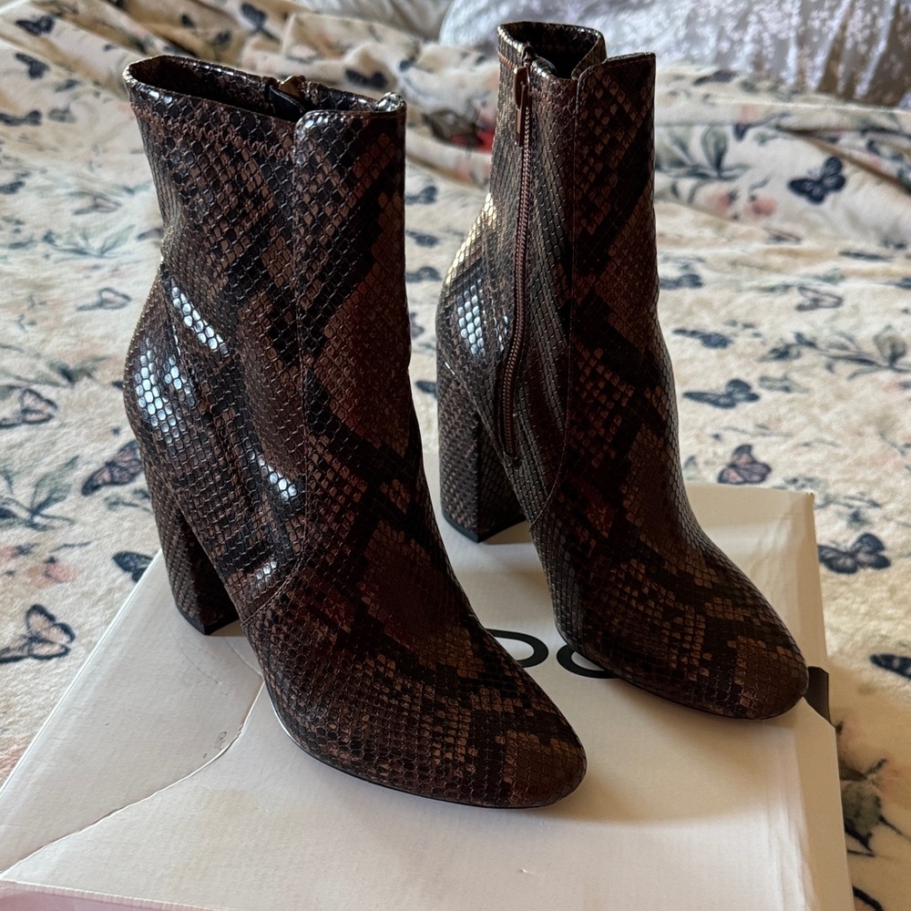Aldo Dark Brown Snake Print Ankle Booties